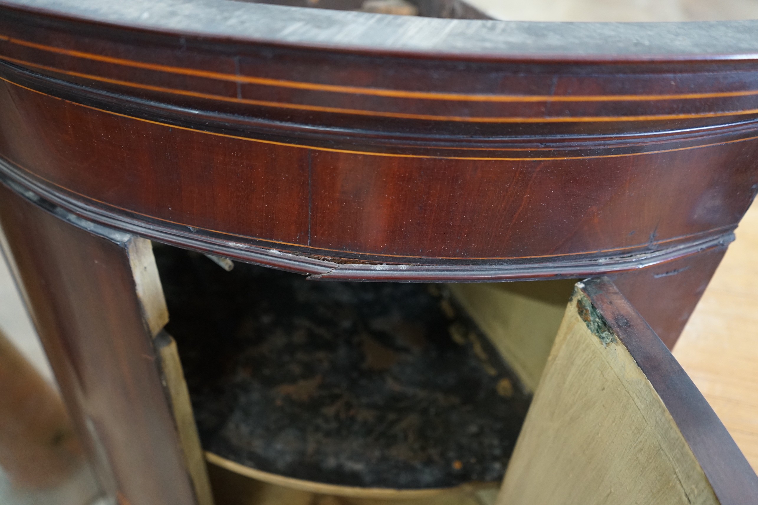 A George III inlaid mahogany bow front hanging corner cabinet, width 74cm, depth 54cm, height 117cm